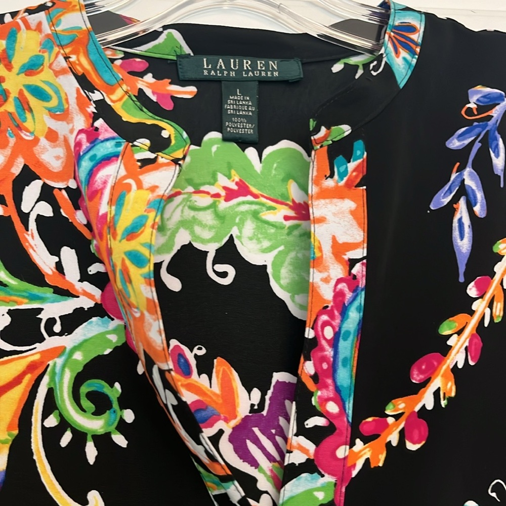 LAUREN Ralph Lauren Botanical Print Black Popover Tunic Top - Picture 4 of 6